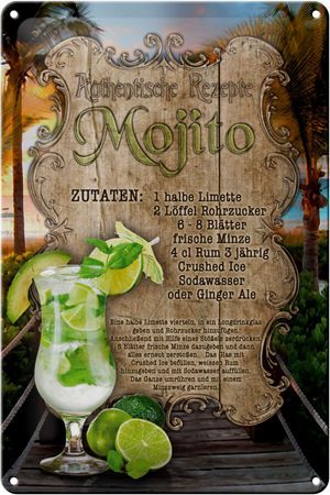 Schild Blech 20x30cm - Made in Germany - Rezept Mojito Zutaten Limette Minze Metall Deko Blechschild