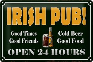 Schild Blech 30x20cm - Made in Germany - Spruch Irish Pub gold Beer open 24 Metall Deko Blechschild