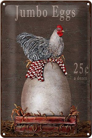 Schild Blech 20x30cm - Made in Germany - Spruch Huhn jumbo Eggs 25 c a dozen Metall Deko Blechschild