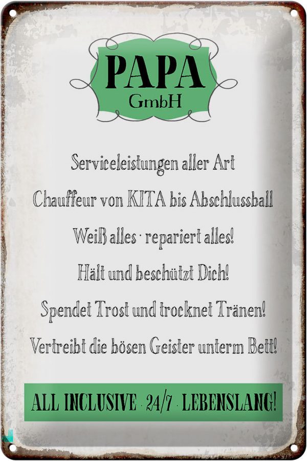 Schild Blech 20x30cm - Made in Germany - Spruch Papa GmbH 24/7 lebenslang Metall Deko Blechschild