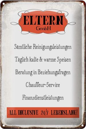 Schild Blech 20x30cm - Made in Germany - Spruch Eltern GmbH 24/7 lebenslang Metall Deko Blechschild