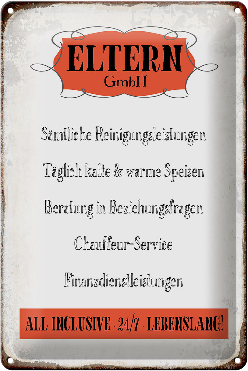 Schild Blech 20x30cm - Made in Germany - Spruch Eltern GmbH 24/7 lebenslang Metall Deko Blechschild