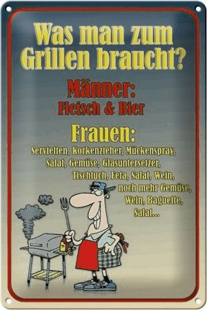 Schild Blech 20x30cm - Made in Germany - Spruch Grillen Männer Fleisch Bier Metall Deko Blechschild