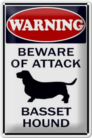 Schild Blech 20x30cm - Made in Germany - Hinweis beware of attack Basset Hound Metall Hinweis Blechschild