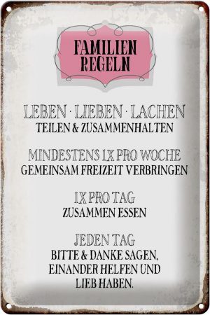Schild Blech 20x30cm - Made in Germany - Spruch Familien Regeln leben lieben Metall Deko Blechschild