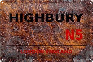 Schild Blech 30x20cm - Made in Germany - London England Highbury N5 Rost Metall Deko Blechschild