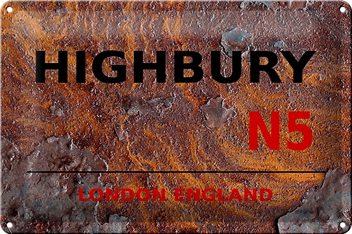 Schild Blech 30x20cm - Made in Germany - London England Highbury N5 Rost Metall Deko Blechschild