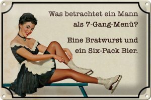 Schild Blech 30x20cm - Made in Germany - Spruch 7-Gang-Menü Mann Wurst Bier Metall Deko Blechschild