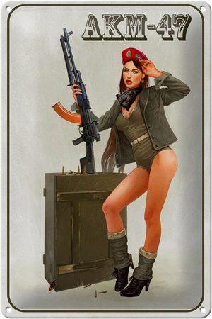 Schild Blech 20x30cm - Made in Germany - Gewehr Pinup Kalaschnikow AKM-47 Metall Deko Blechschild