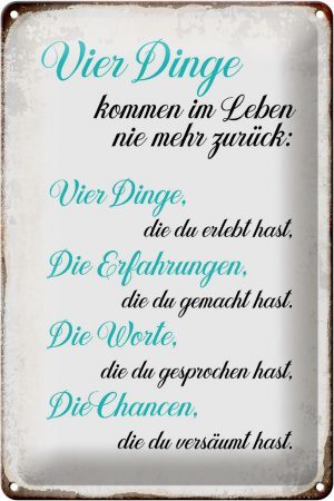 Schild Blech 20x30cm - Made in Germany - Spruch 4 Dinge kommen nie mehr zurück Metall Deko Blechschild
