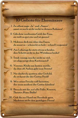 Schild Blech 20x30cm - Made in Germany - Spruch 10 Gebote für Ehemänner sage ja Metall Deko Blechschild