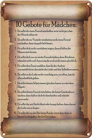 Schild Blech 20x30cm - Made in Germany - Spruch 10 Gebote für Mädchen du sollst Metall Deko Blechschild