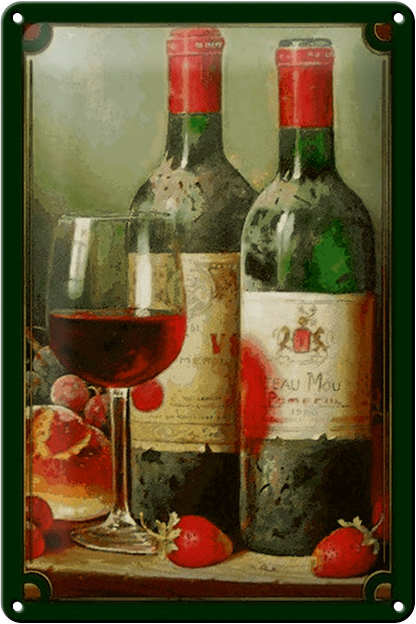 Schild Blech 20x30 cm - Made in Germany - Kunst Stillleben Rotwein Erdbeeren Obst Metall Deko Blechschild