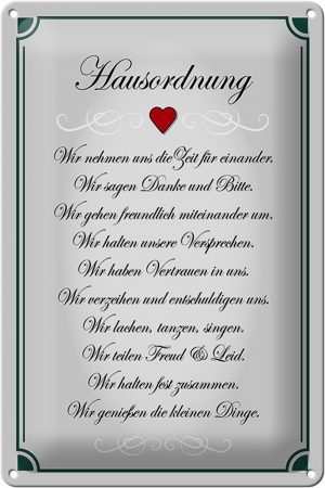 Schild Blech 20x30cm - Made in Germany - Spruch Hausordnung wir Zeit füreinander Metall Deko Blechschild