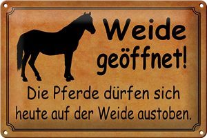 Schild Blech 30x20cm - Made in Germany - Spruch Weide geöffnet Pferde dürfen Metall Deko Blechschild
