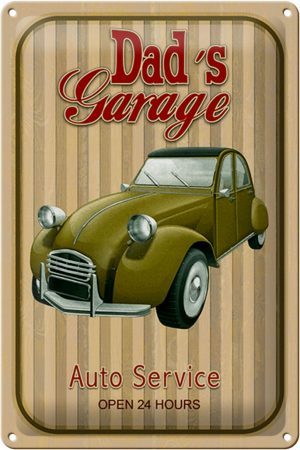 Schild Blech 20x30cm - Made in Germany - Retro Dads Garage Auto Service open 24 Metall Deko Blechschild