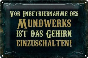 Schild Blech 30x20cm - Made in Germany - Spruch vor Inbetriebnahme des Mundwerks Metall Deko Blechschild