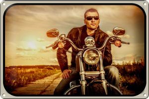 Schild Blech 30x20cm - Made in Germany - Motorrad Mann Biker Sonnenuntergang Metall Deko Blechschild
