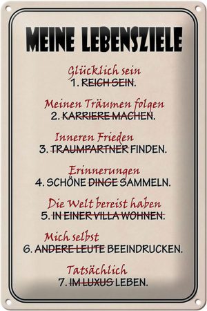 Schild Blech 20x30cm - Made in Germany - Spruch meine Lebensziele glüpcklich Metall Deko Blechschild