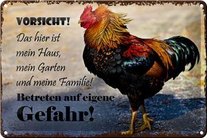 Schild Blech 30x20cm - Made in Germany - Huhn Vorsicht das hier ist mein Haus Metall Deko Blechschild