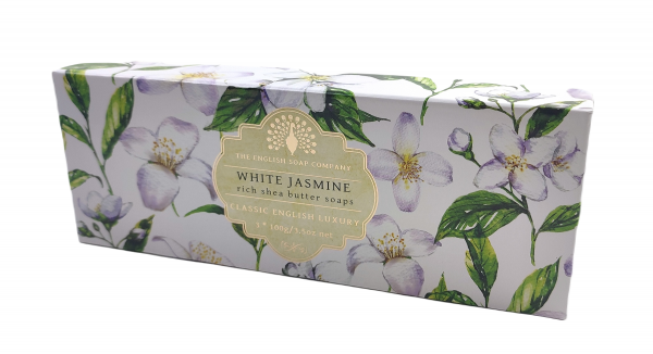 THE ENGLISH SOAP Geschenkbox mit weißer Jasmin-Dreifachseife Luxury Shea Butter Soap "WHITE YASMIN" Geschenkset 3 x 100g