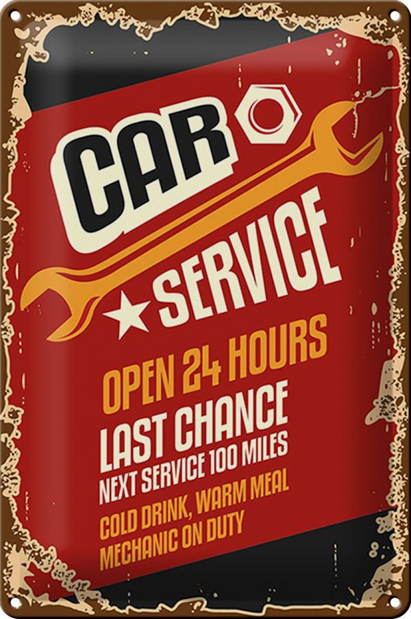 Schild Blech Retro -Made in Germany- 20x30cm Car Service open 24 hours Auto Metall Deko Blechschild