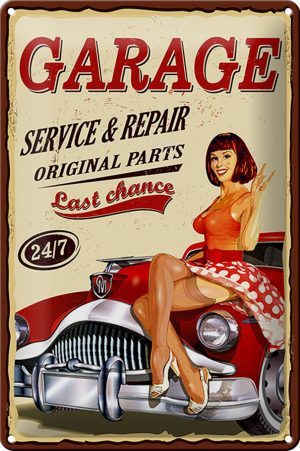 Schild Blech Pinup -Made in Germany- 20x30cm Retro Garage service repair 24/7 Metall Deko Blechschild