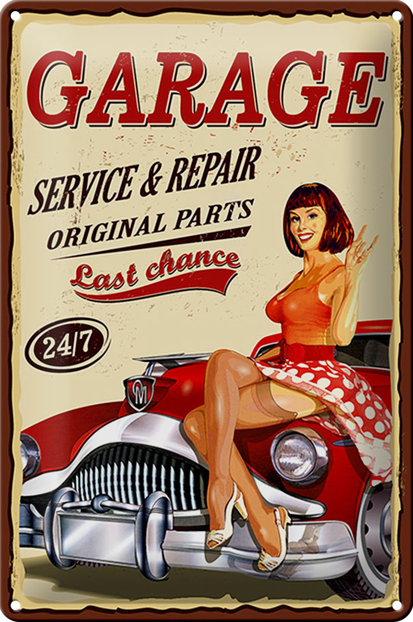 Schild Blech Pinup -Made in Germany- 20x30cm Retro Garage service repair 24/7 Metall Deko Blechschild
