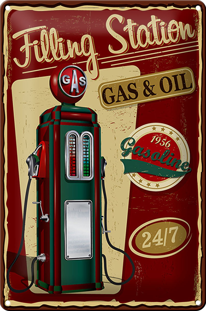 Schild Blech -Made in Germany- Gasoline filling 20x30cm station gas 24/7 Retro Metall Deko Blechschild
