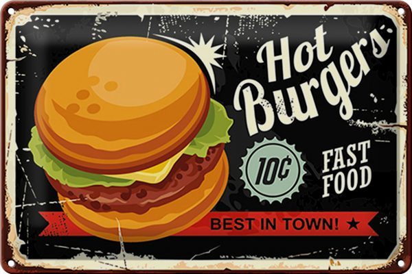 Schild Blech -Made in Germany- 30x20cm hot burgers best in town Metall Deko Blechschild
