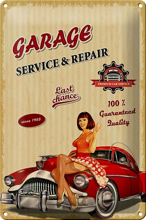 Schild Blech -Made in Germany- Pinup Retro 20x30cm Garage Service Repair Auto Metall Deko Blechschild