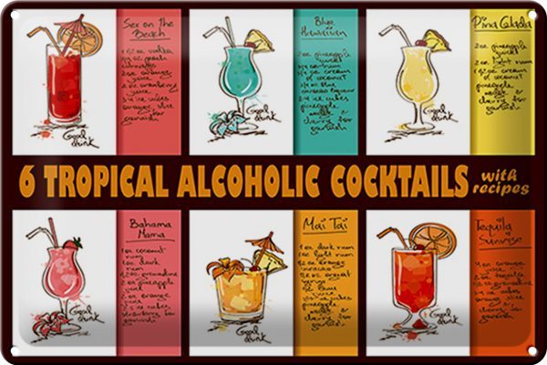 Schild Blech -Made in Germany- 30x20cm 6 tropical cocktails recipes Metall Deko Blechschild