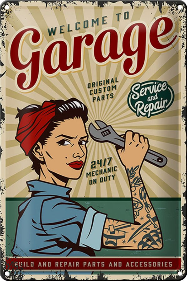 Schild Blech Retro 20x30cm -Made in Germany- Pinup welcome Garage service 24/7