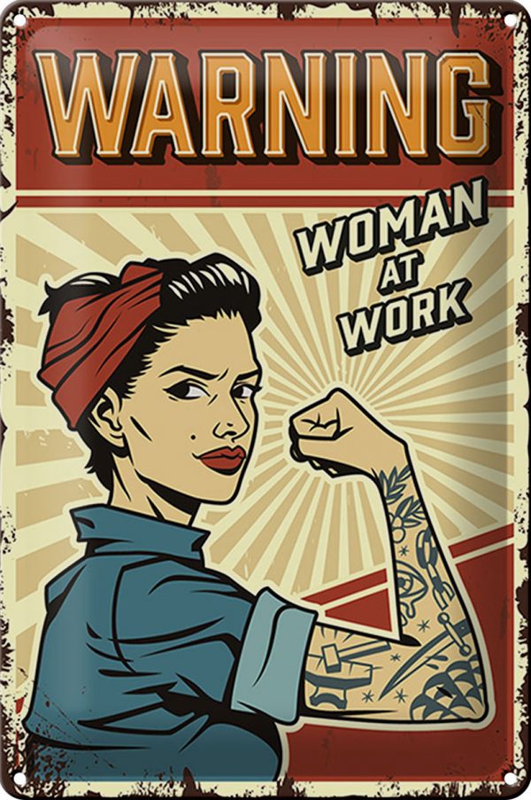 Schild Blech Retro 20x30cm -Made in Germany- warning women at work Frau