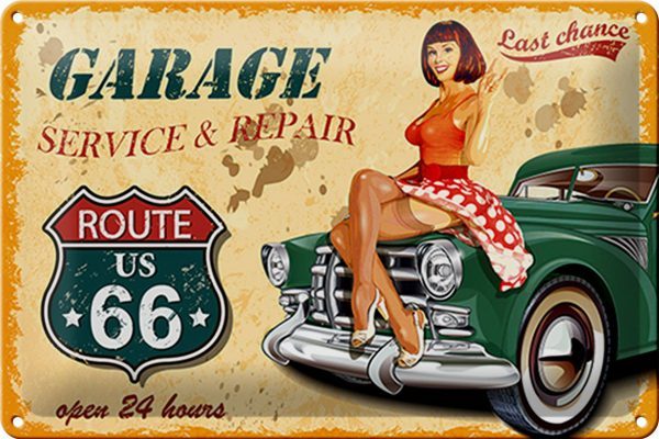 Schild Blech -Made in Germany- Pinup 30x20cm Retro Garage open 24 hours Metall Deko Blechschild