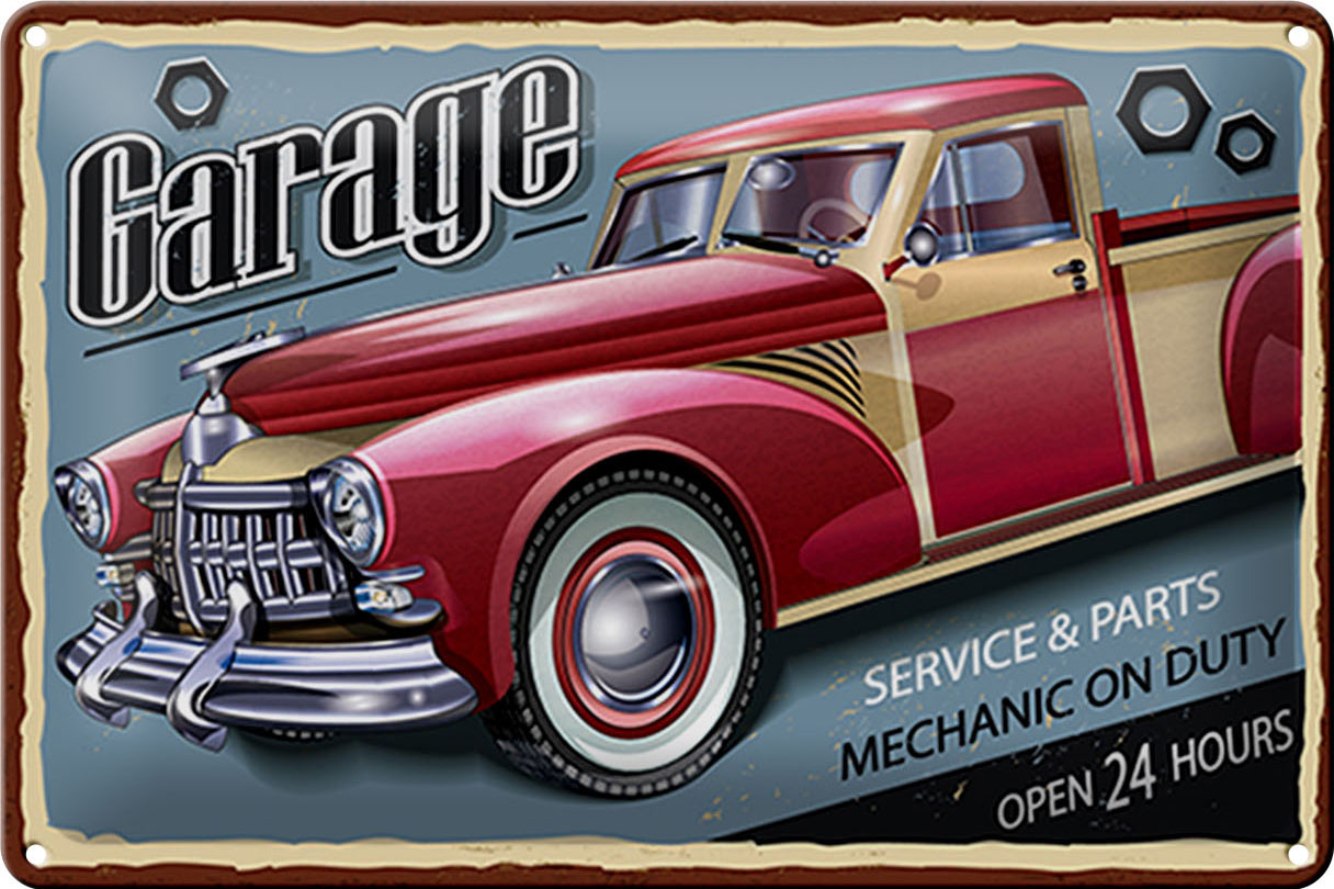 Schild Blech Retro -Made in Germany- 30x20cm Auto Garage service parts open 24 Metall Deko Blechschild