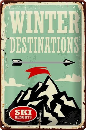Schild Blech Retro -Made in Germany- 20x30cm Ski winter destinations Metall Deko Blechschild