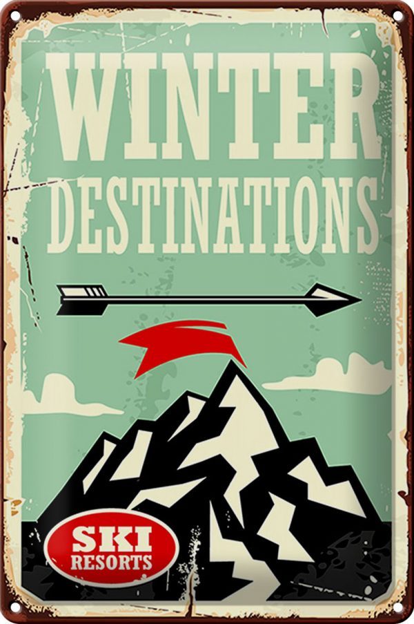 Schild Blech Retro -Made in Germany- 20x30cm Ski winter destinations Metall Deko Blechschild