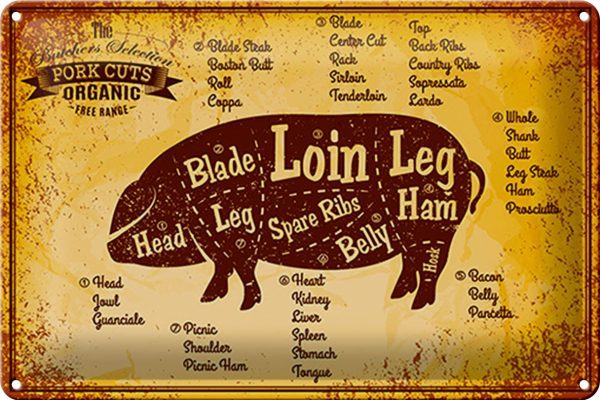 Schild Blech -Made in Germany- Metzgerei 30x20cm Fleisch Pork cuts organic Metall Deko Hinweis Blechschild