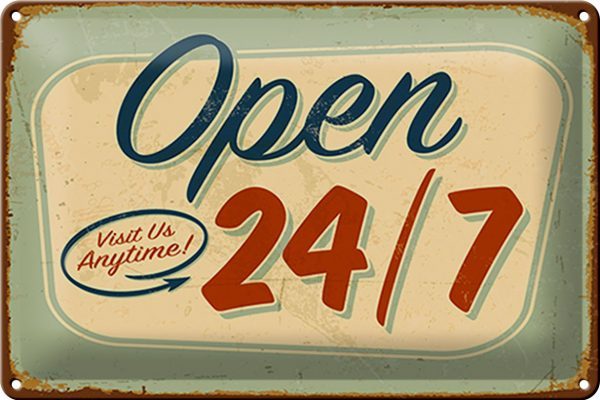 Schild Blech Retro -Made in Germany- 30x20cm open visit us anytime 24/7 Metall Deko Blechschild