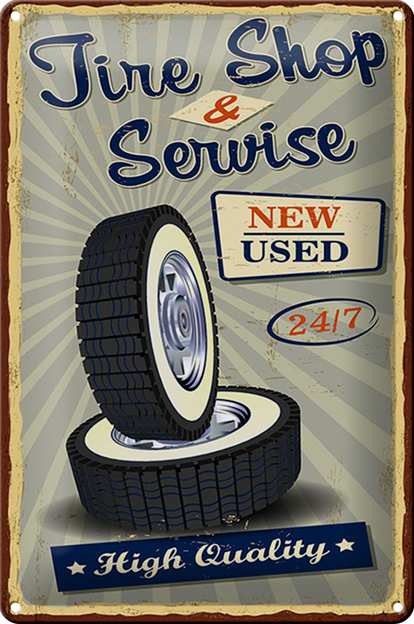 Schild Blech -Made in Germany- Tire Shop 20x30cm Service 24/7 new used Retro Metall Deko Blechschild