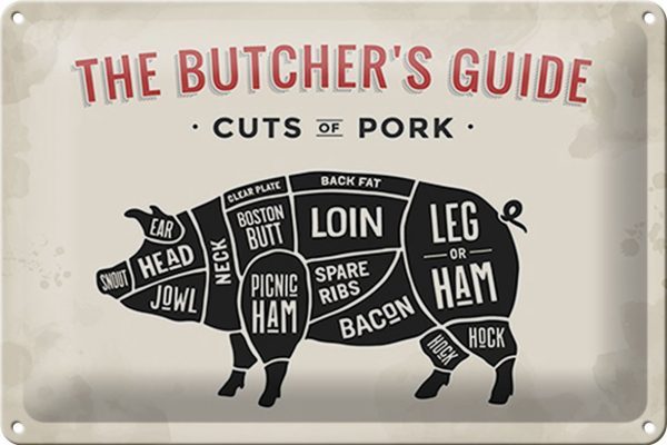 Schild Blech -Made in Germany- Metzgerei 30x20cm Pork cuts Fleisch Metall Deko Blechschild
