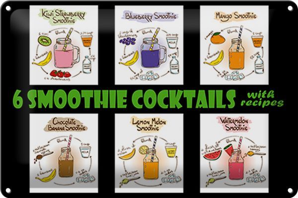 Schild Blech -Made in Germany- 30x20cm 6 smoothie cocktails recipes Metall Deko Blechschild