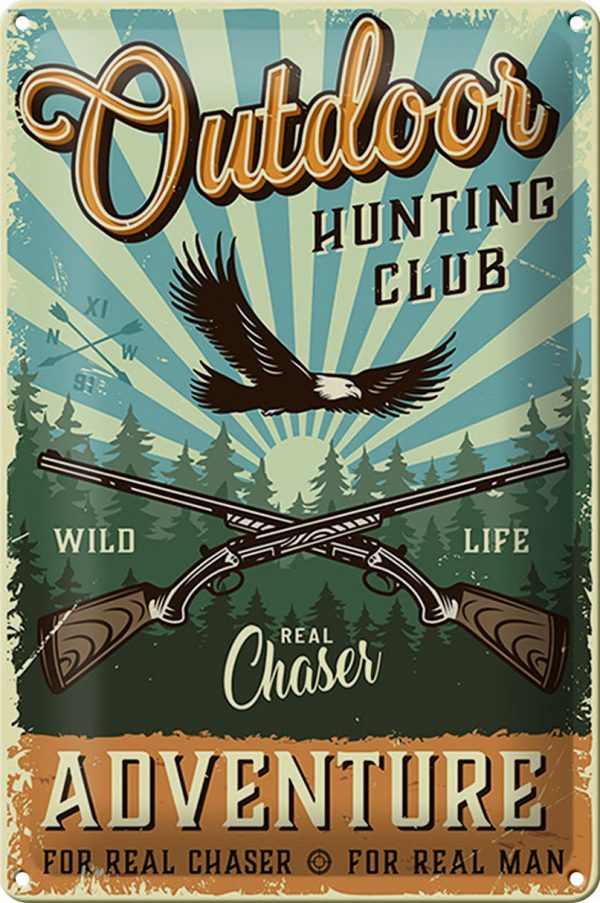 Schild Blech Retro 20x30cm -Made in Germany- Outdoor hunting club Adventure