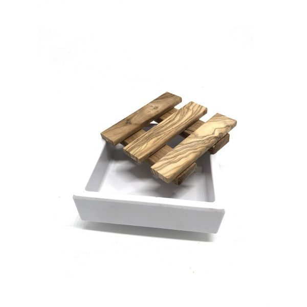 Seifenschale weiß quadratisch Melamin mit Inlay aus Olivenholz 7,5 x 7,5 cm – Bild 6