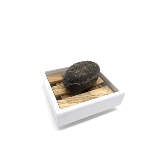 Seifenschale weiß quadratisch Melamin mit Inlay aus Olivenholz 7,5 x 7,5 cm – Bild 2