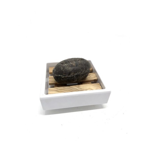 Seifenschale weiß quadratisch Melamin mit Inlay aus Olivenholz 7,5 x 7,5 cm – Bild 4