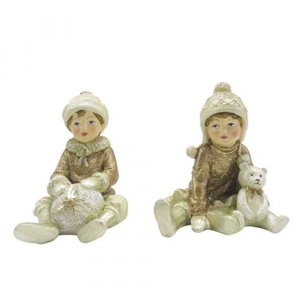 Weihnachtsdekoration Statue 2er-Set Kinder Beige Goldfarben 7x7x9 cm