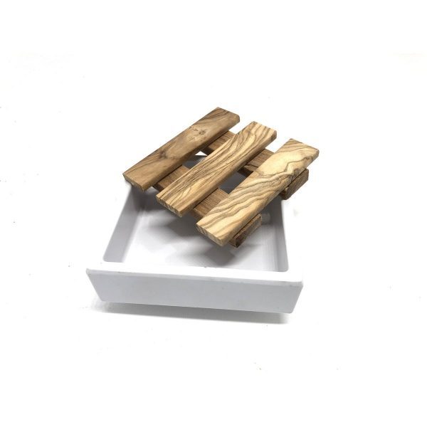 Seifenschale weiß quadratisch Melamin mit Inlay aus Olivenholz 7,5 x 7,5 cm – Bild 3