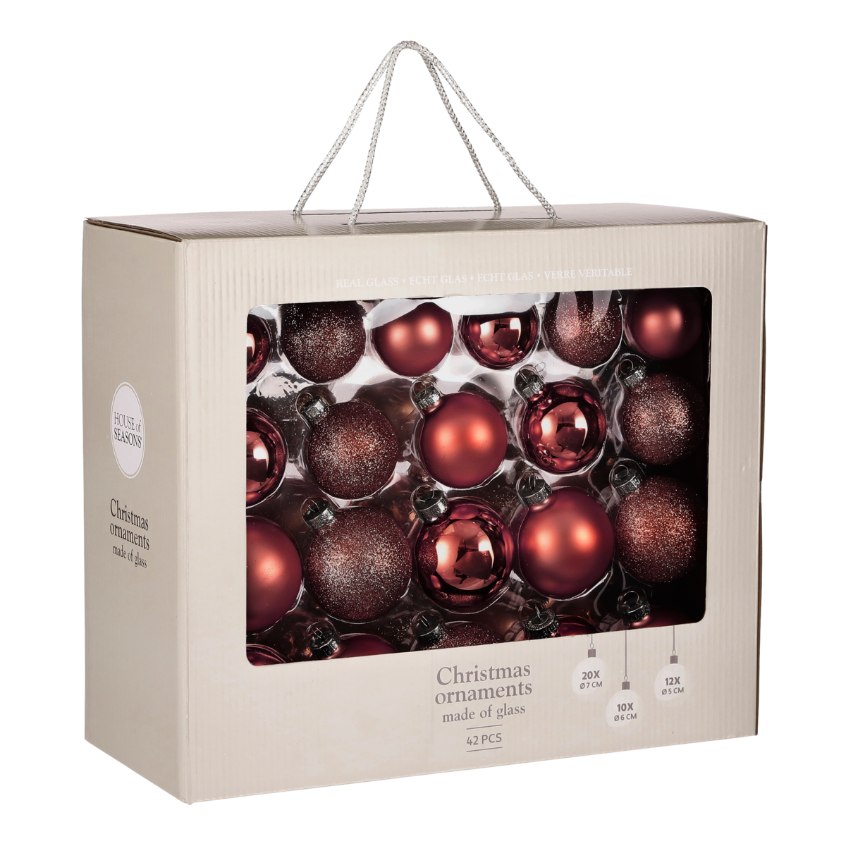 Weihnachtskugel-Set – 42 Stück – Ø7 cm – Glas – Dunkelrot